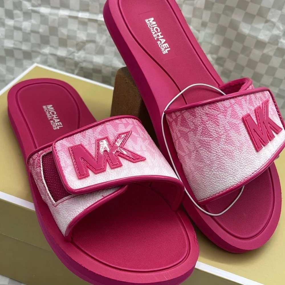 MICHAEL KORS Palmer Ombré Signature Logo Slide Sandal Dragonfruit NWT